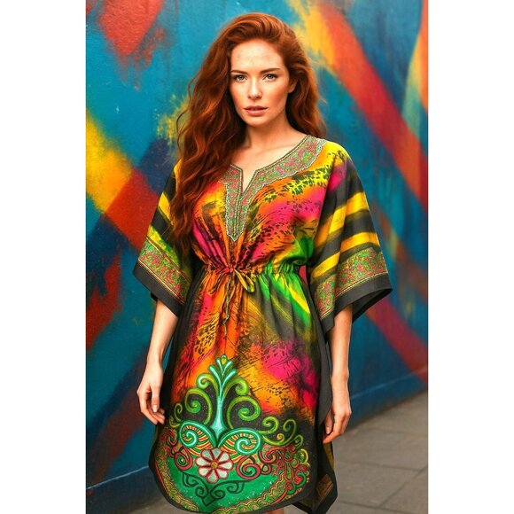 True Rock Free Size Multicolor Kaftan Boho Luxe Festival Wear Resortwear Chic - Picture 1 of 9